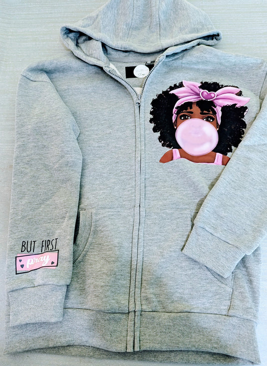 Girl - Bubble Gum/But First Pray Zip Hoodie